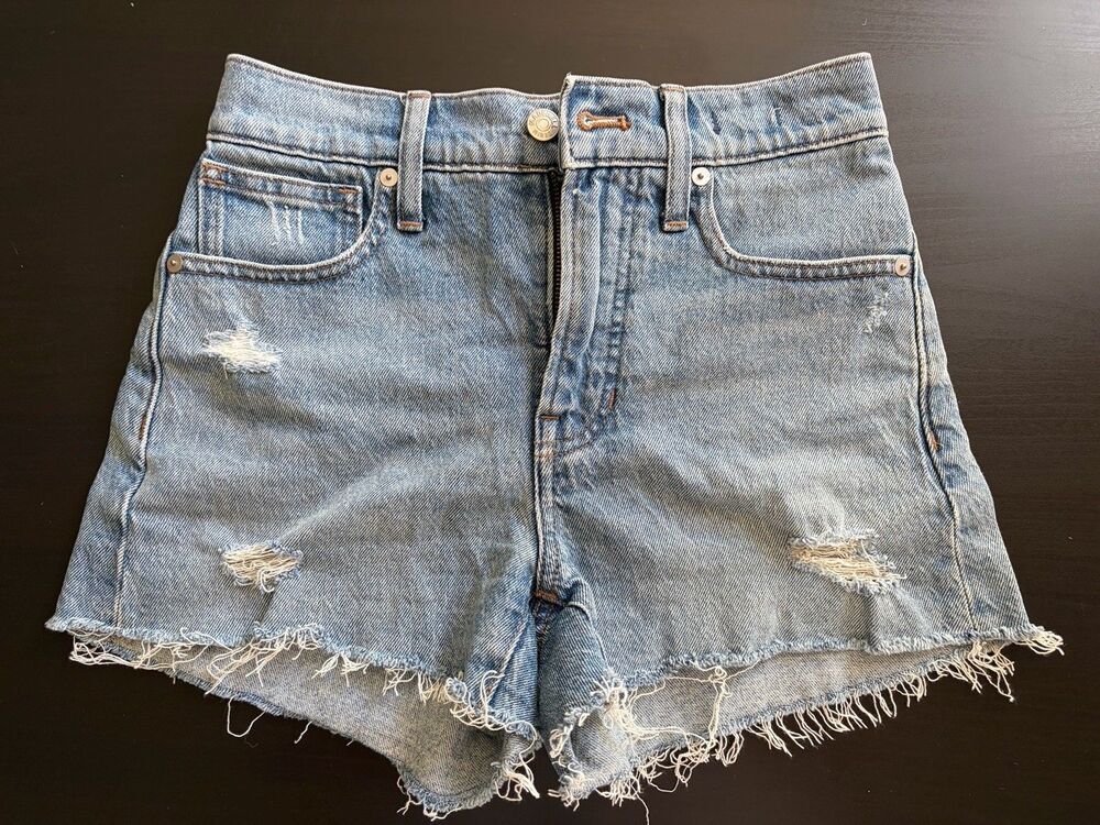 Madewell Perfect Jean Shorts 24 XS Distressed Raw Hem Blue Denim Cutoffs EUC